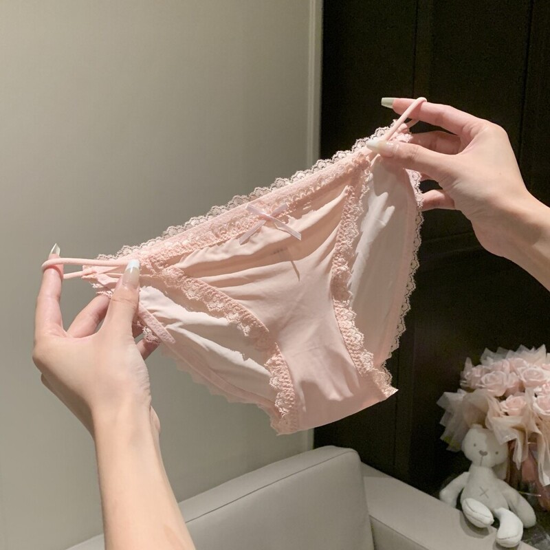 Low-Waist Underwear for Girls, Bikini, Breathable, Lace-Edged, Ice Silk, Quick-Drying, Seamless, Thin Straps, Triangle, Pure Cotton Crotch
