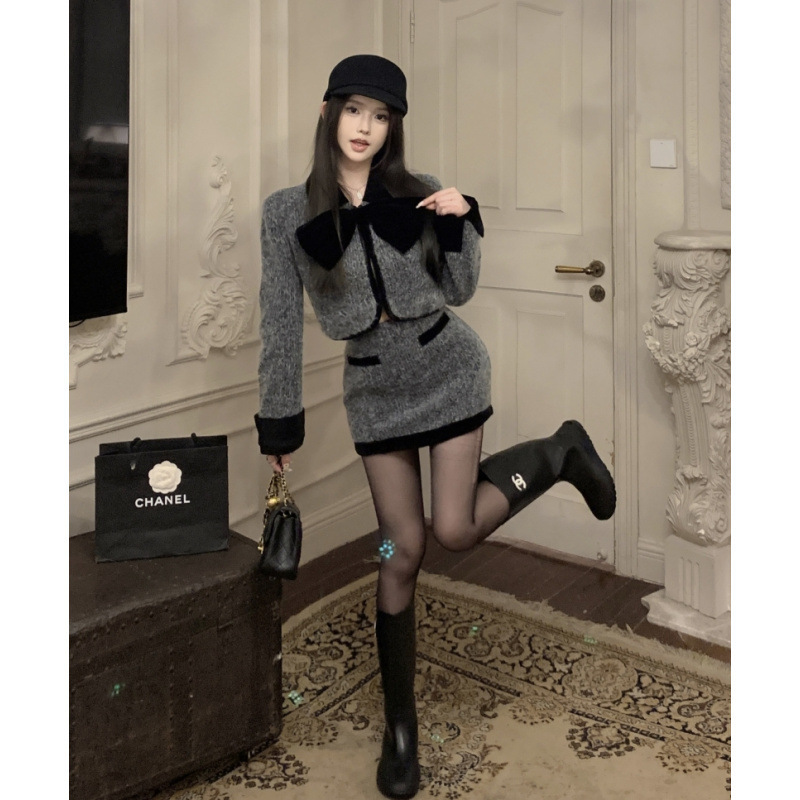 昕可达 甜辣小香套装女2025新款高级感毛呢短外套半身裙女两件套|undefined