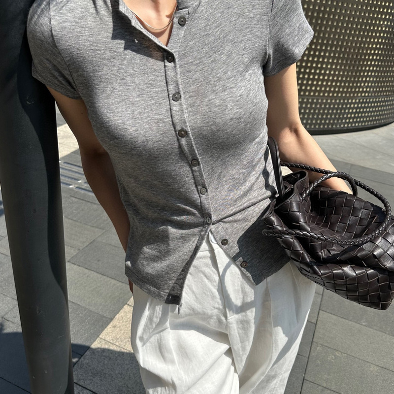 Tencel Wool Shell Button High Elastic Slim Fit Knitwear 2025 Summer New Stand Collar Short Sleeve Slimming Look T-Shirt for Women