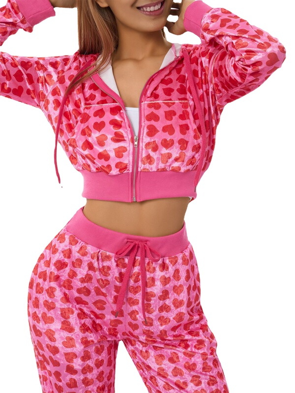 2022 European and American Cross-border Women's New Top Zipper Velvet Love Printed Hooded Sweater Fashion Suit for Women 2022 European and American Cross-border Women's New Top Zipper Velvet Love Printed Hooded Sweater Fashion Suit for Women