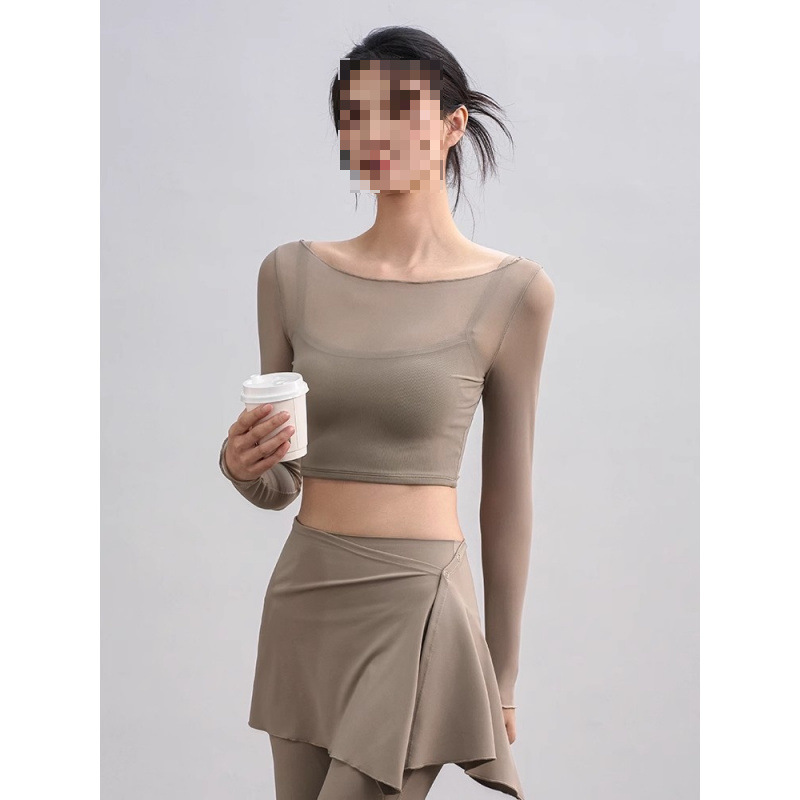 Yoga Clothes for Women in Autumn and Winter New Style Sports Tops with Chest Pads Fake Two-Piece Mesh Long-Sleeved Pilates Training Fitness Clothes