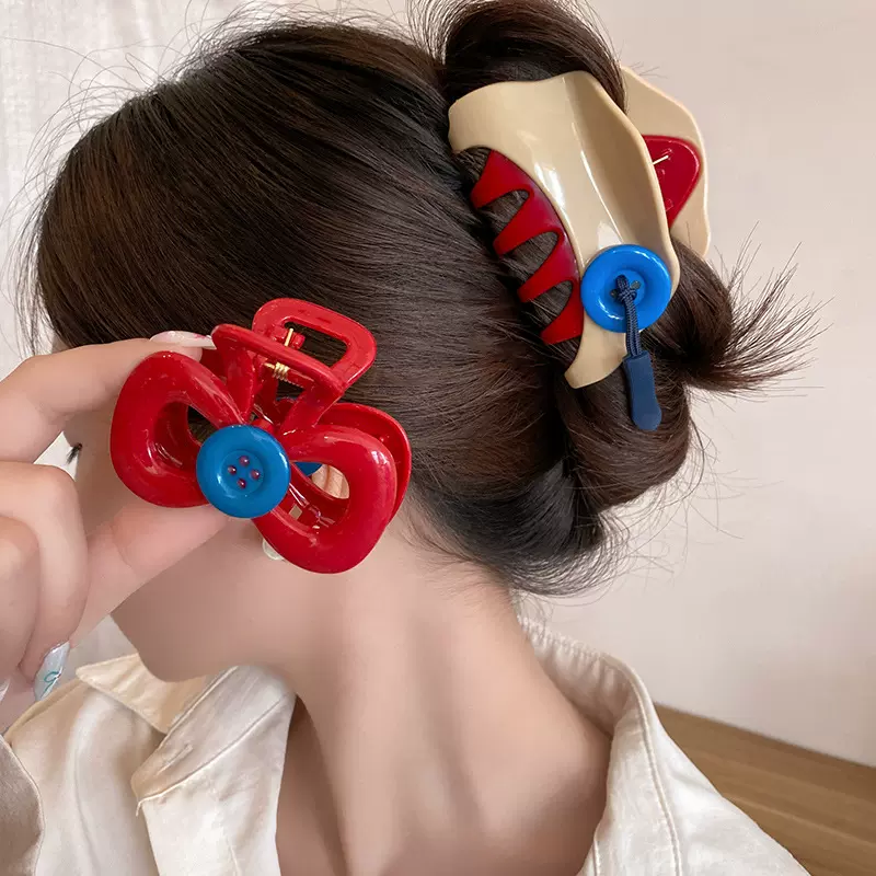 韩系趣味蝴蝶结纽扣抓夹安可拉红鲨鱼夹高级感发夹女后脑勺发饰品