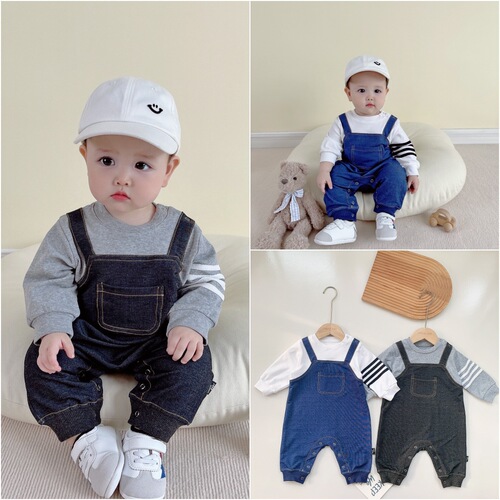 Internet celebrity trendy baby jumpsuit fake two-piece male baby hoodie new style children and girls knitted denim crawler suit