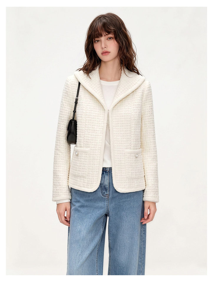 Áo khoác ngắn nữ dáng vest chất liệu len cừu phối vải tweed thanh lịch — Vanilla trắng chi tiết 11