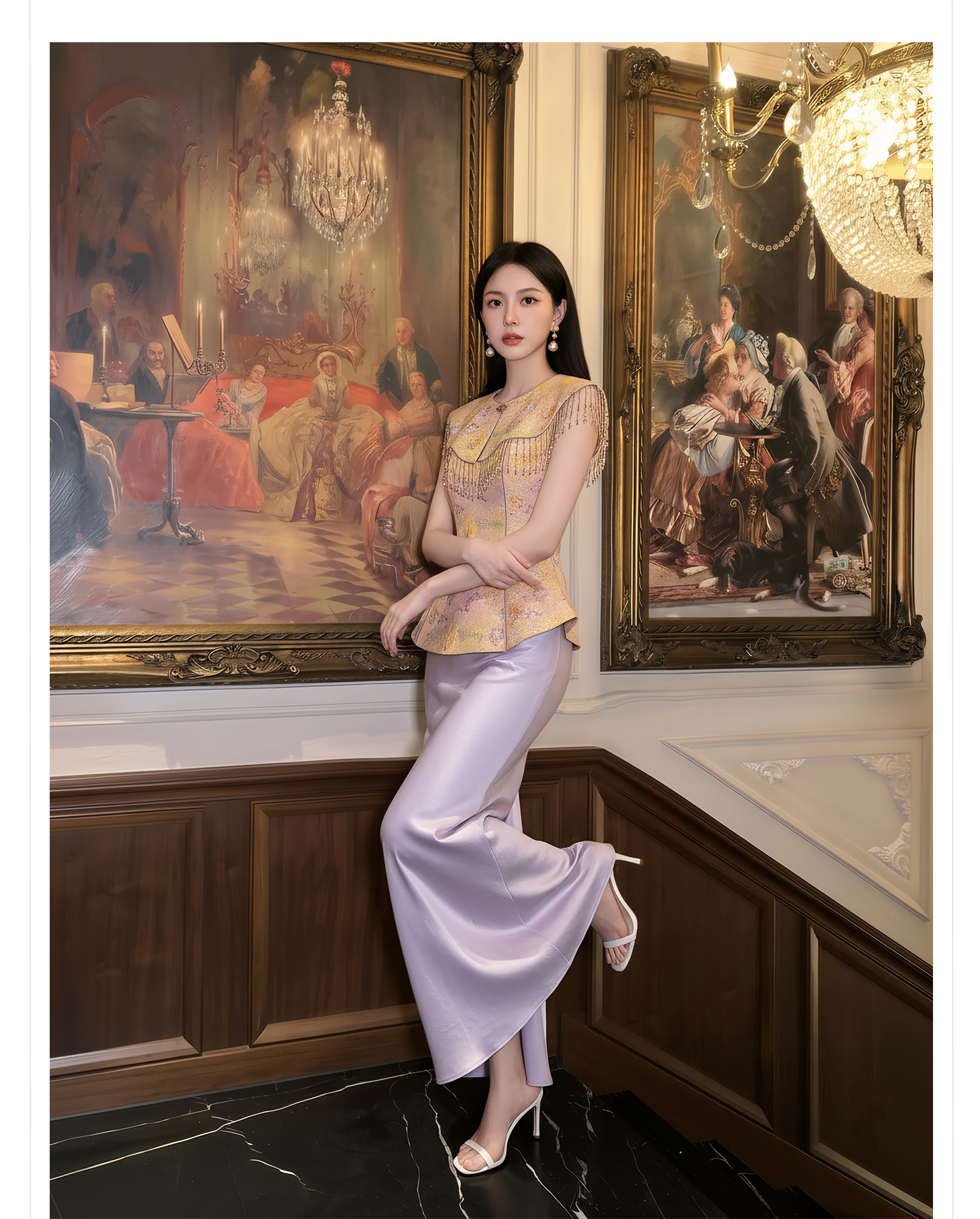 Bộ áo khoác gile và chân váy xếp ly phong cách Tân Trung Hoa, tay áo đính hạt và tua rua — bộ đồ, Màu tím nửa váy, Áo khoác vàng chi tiết 10