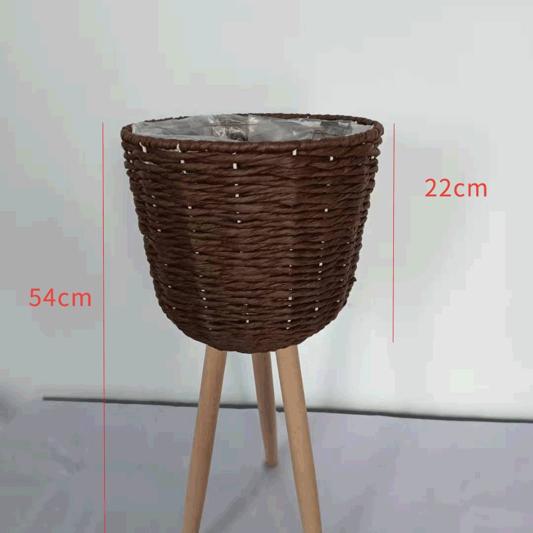 Piso de La Flor soporte de madera pierna piso flor soporte tejida flor olla sala de estar balcón decoración flor cesta paja tejido piso soporte