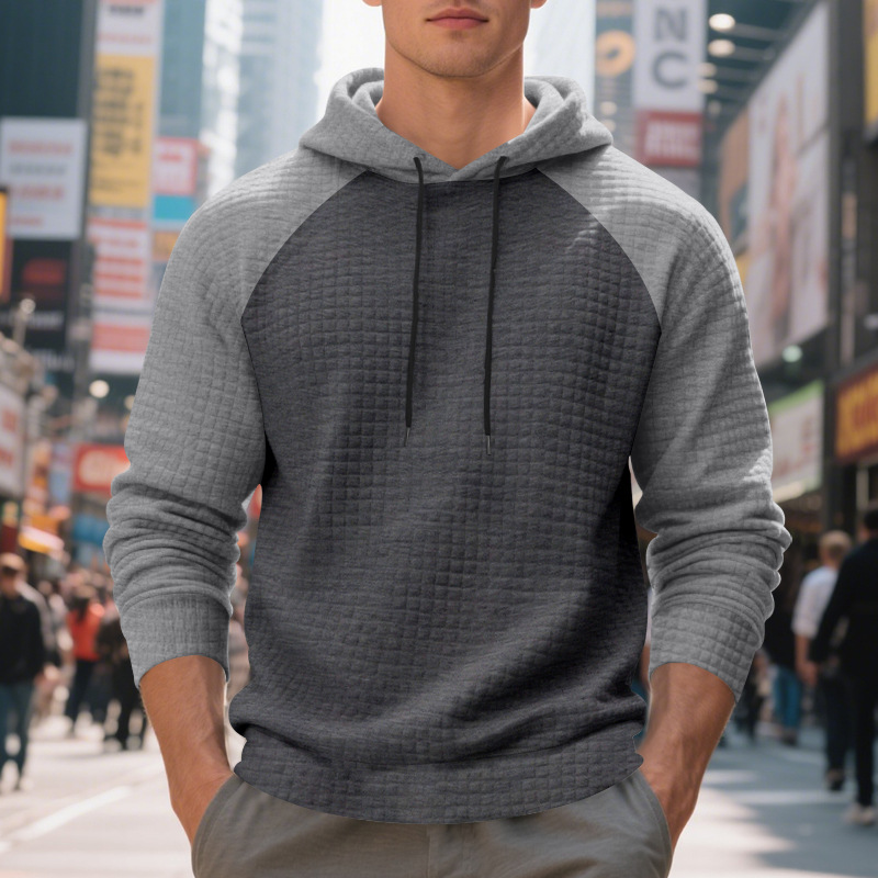 Schweres Kapuzensweatshirt mit Farbblockdesign für Herren, lockere Passform, Pullover mit Kordelzug für lässige Streetwear (Schwarz/Grau, Armeegrün/Beige)_voghion.com