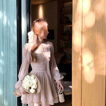 浪漫至上温柔气质蕾丝雪纺连衣裙秋新款长袖收腰短裙