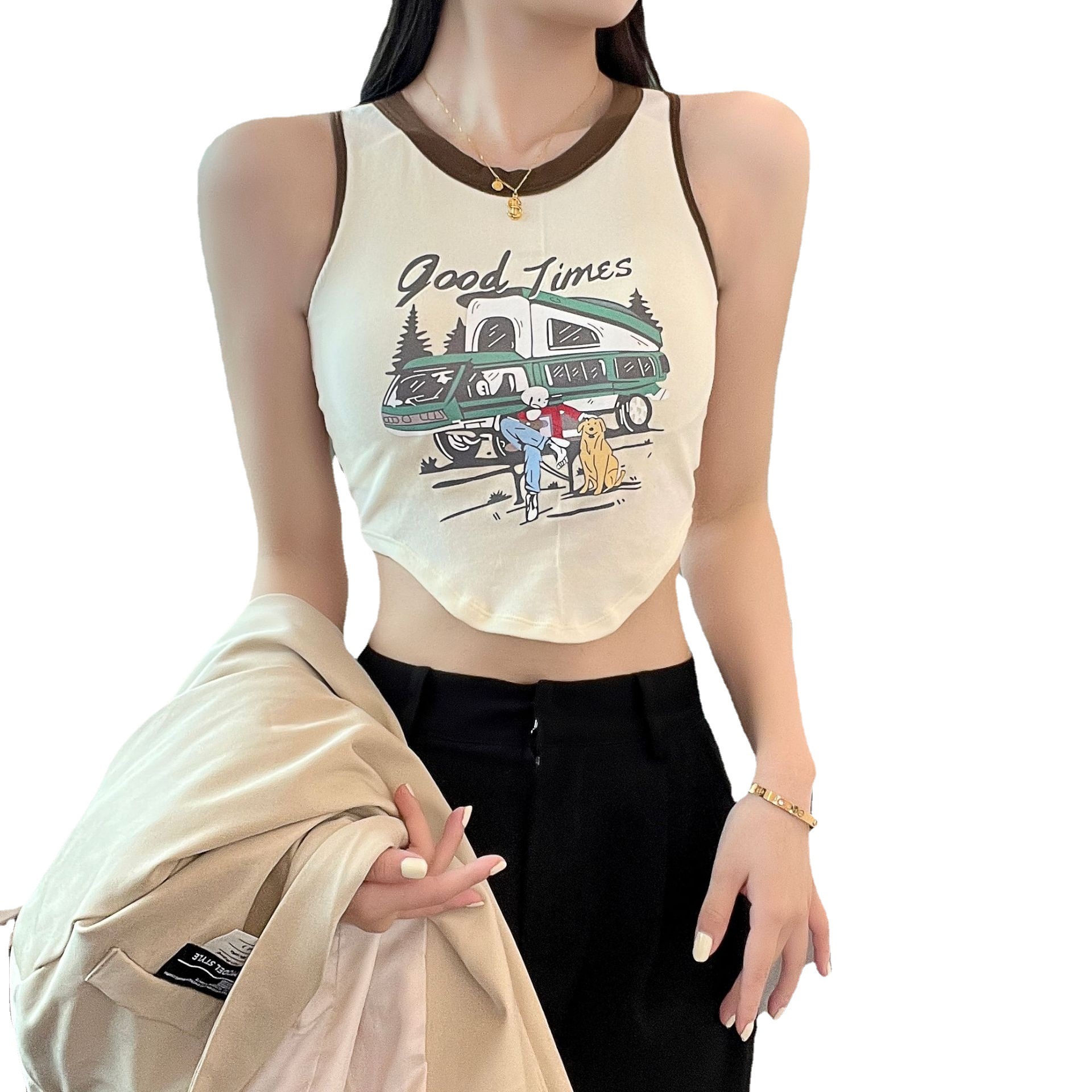 Primavera y verano carta de impresión camisola desgaste exterior de las mujeres belleza ropa interior desgaste interior sexy chica caliente recortada top