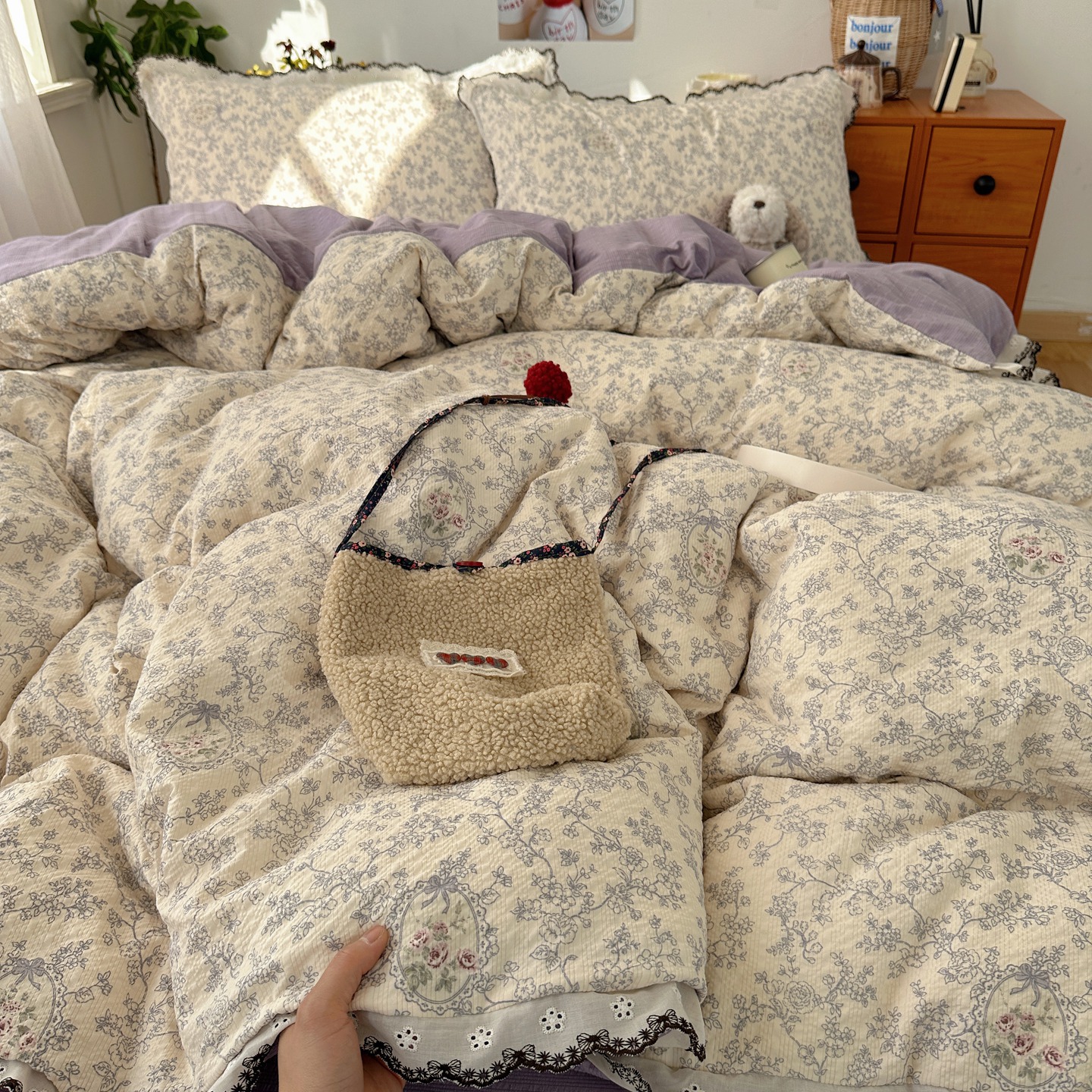 Nordic French Vintage Boho French-style Vintage Double-layer Gauze Four-piece Nordic Fresh Lace Style Single-person Three-piece Set, Double-person_voghion.com