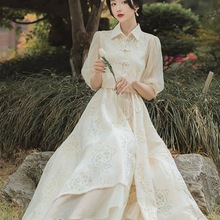 法式复古中国风套装女夏设计感小众超仙文艺收腰蕾丝连衣裙两件奥