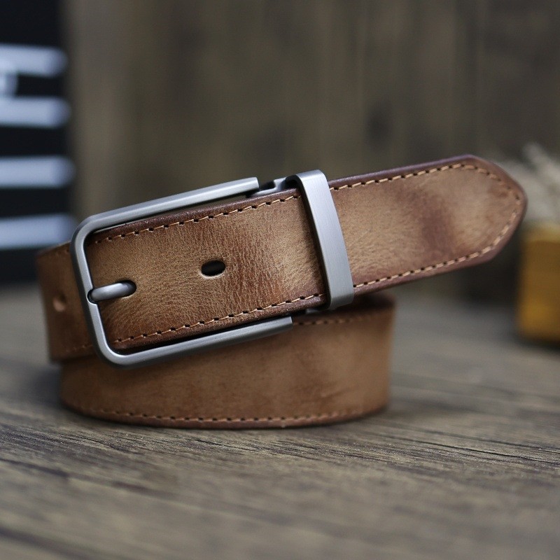 Handmade Top Layer Vintage Vegetable Tanned Pure Cowhide Pin Buckle Men's Workwear Pants Distressed Genuine Leather Belt_voghion.com