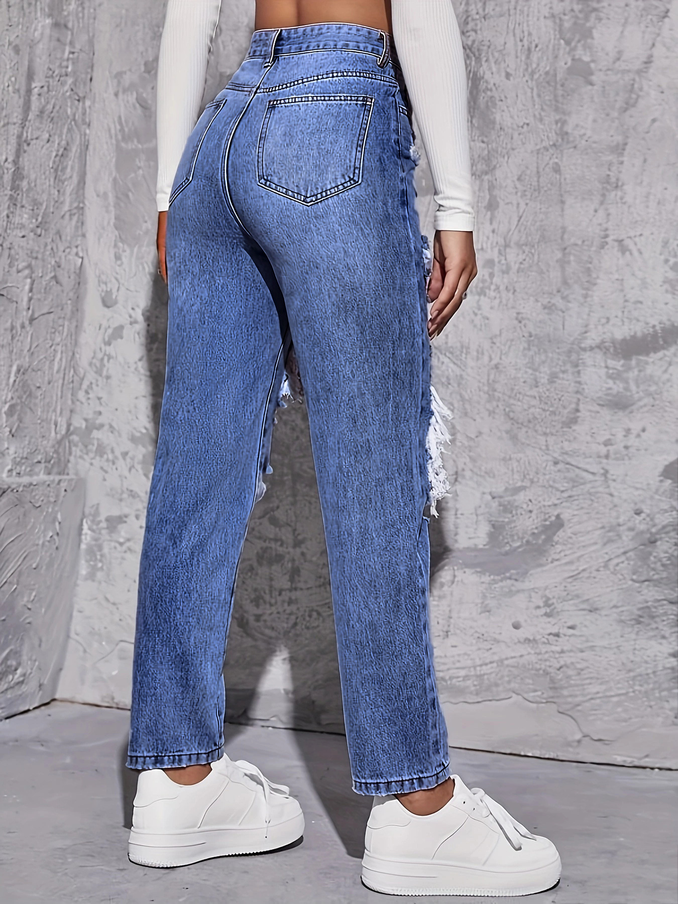 European And American Blue Ripped High-waisted Denim Straight-leg Pants Women's Fashion Versatile Trousers_ecoleips.com