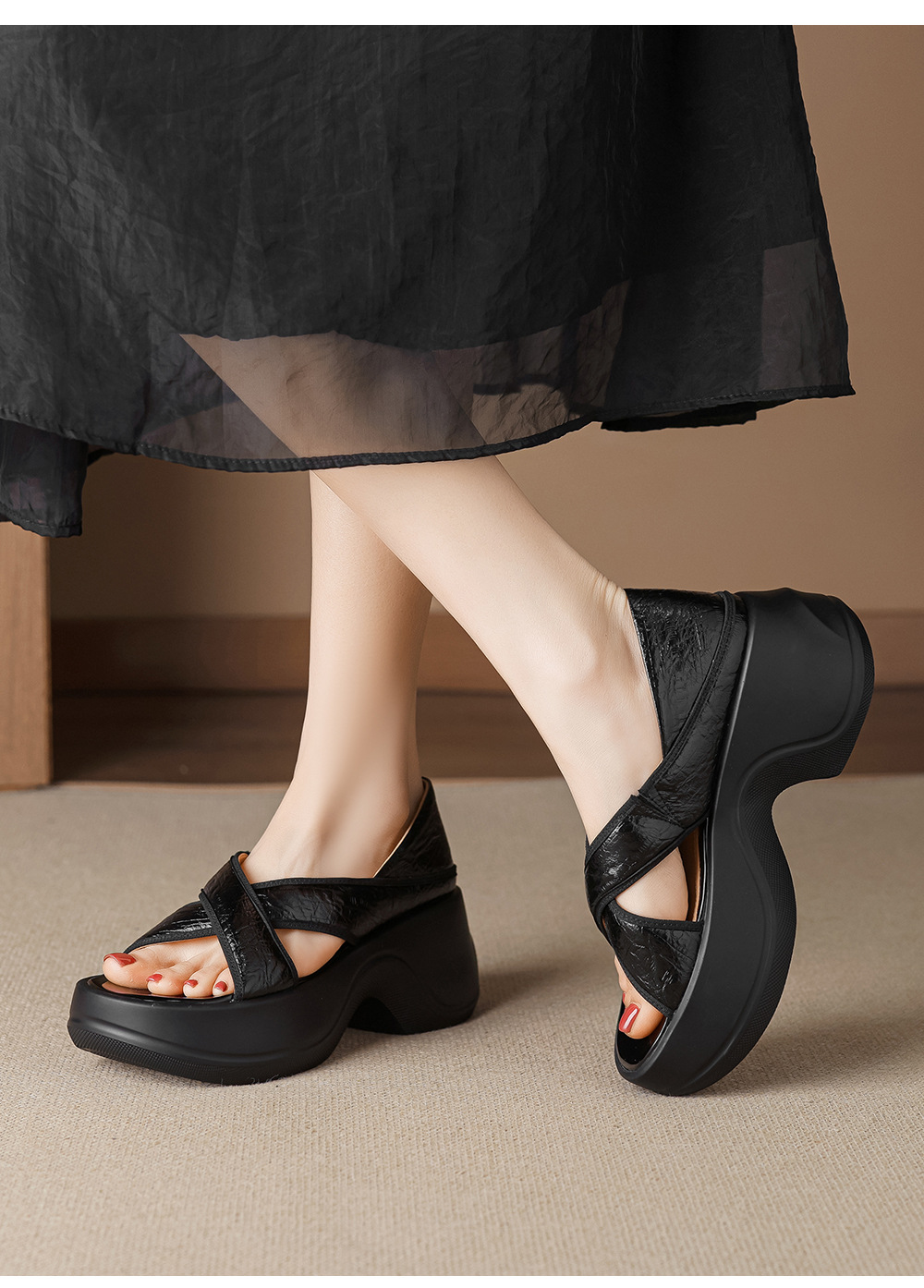 Sandal nữ đế xuồng cao gót 6cm mũi hở phong cách La Mã da thật — màu đen, màu xanh hồ chi tiết 16