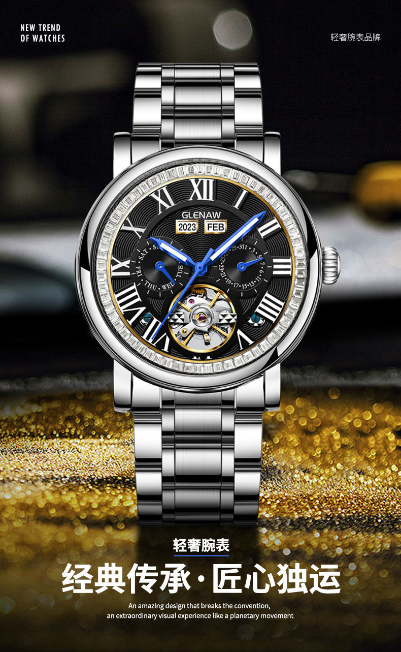 Đồng hồ nam cơ tự động Tourbillon lộ máy chống nước đa chức năng 8677 — 8677-Mặt đen vỏ bạc đai thép bạc, 8677-Vàng mặt bạc vỏ bạc đai thép chi tiết 1