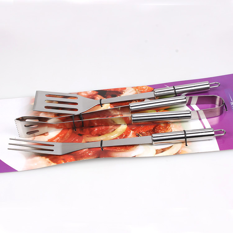 [Fuente de fábrica] Acero inoxidable barbacoa parrilla traje tarjeta vinculante 3-pieza barbacoa herramienta tubo mango barbacoa tenedor pala clip