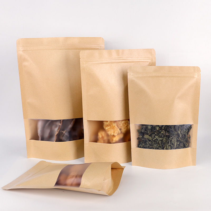 Bolsa kraft, bolsa auto sellada, bolsa de sellado de alimentos hechos a mano pura, ventana abierta, frutas secas, bocadillos, bolsas de té fijas