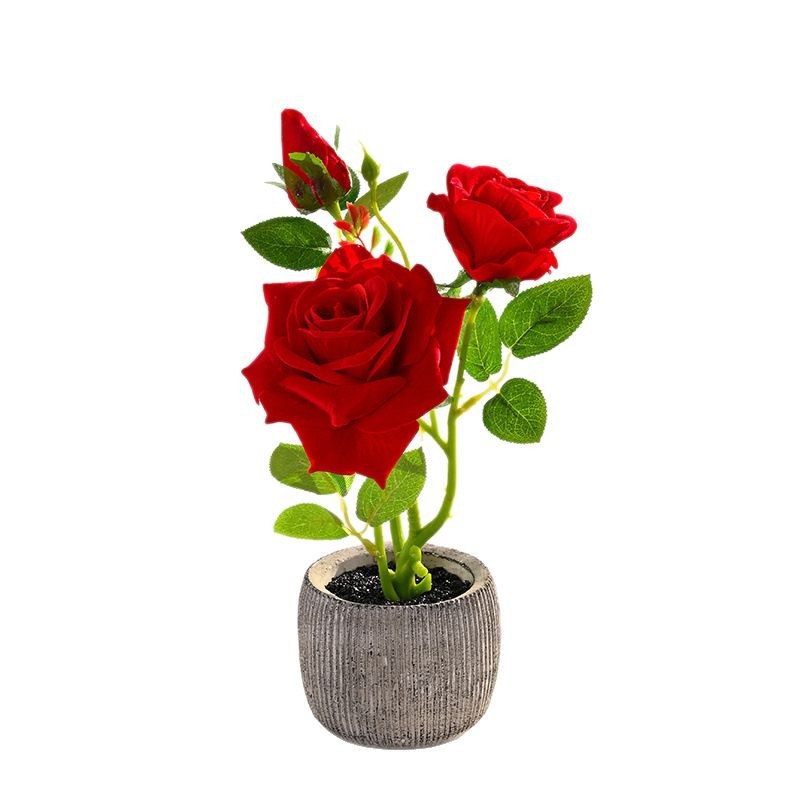 Bonsai de rosa de franela de tres cabezas, flores de simulación creativa, decoración de estudio fotográfico para el hogar, plantas verdes artificiales, plantas en macetas de simulación