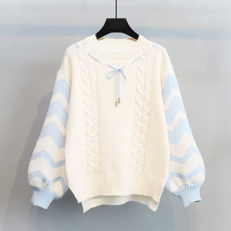 New Polar Bear Velvet Loose Autumn and Winter Clothing Small Fresh Lace-Up Round Neck Knitwear Student Girl Lantern Sleeve Knitwear