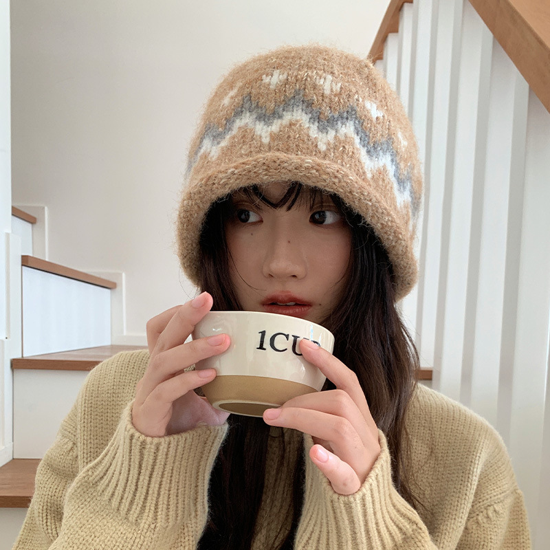 复古提花针织渔夫帽女秋冬费尔岛风保暖套头帽显脸小护耳毛线帽子|undefined