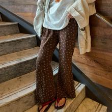 2025秋冬新款碎花直筒喇叭裤女复古小众设计感长裤松紧腰百搭裤子
