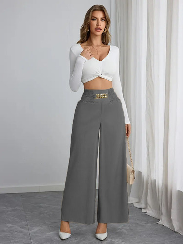 New Style Wish High-Waisted Slimming Elegant Commuting Solid Color Chain Link Wide Leg Pants for Spring and Autumn