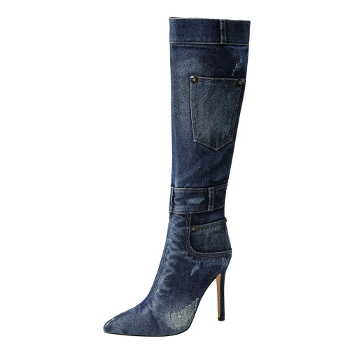 Women's Wide-Angle High Heel Boots with Washed Denim Fabric, Sexy Slim Heel, Side Zipper, Knee-High Boot