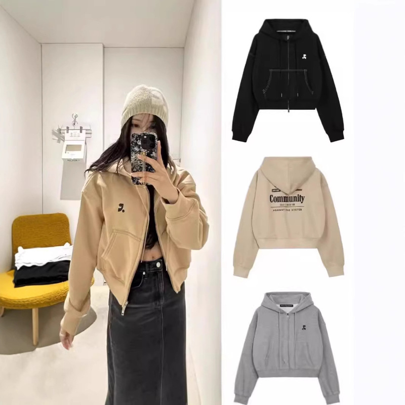 Jimo in stock Double RR Letter Printing Hooded Sweatshirt South Korea Niche Design Zipper Short Jacket Slimming Jacket