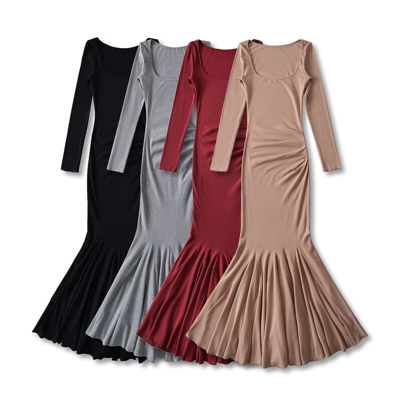 Sweet Step-by-Step Canopy Long-Sleeved dress Women's European and American Hot Girl Style Elegant Slimming Sheath Fishtail Skirt Mermaid Long Skirt