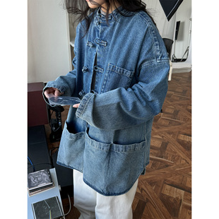 Lufu Spring New Japanese-style Chinese-style Buckle Large Pocket Washed Gradient Denim Jacket Loose Profile Jacket for Women