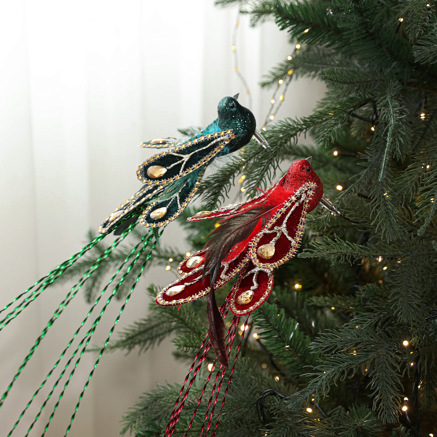 Árbol de Navidad pájaros pájaros clips de diamante de colores plumas simulación pájaros horticultura ramas decoración accesorios