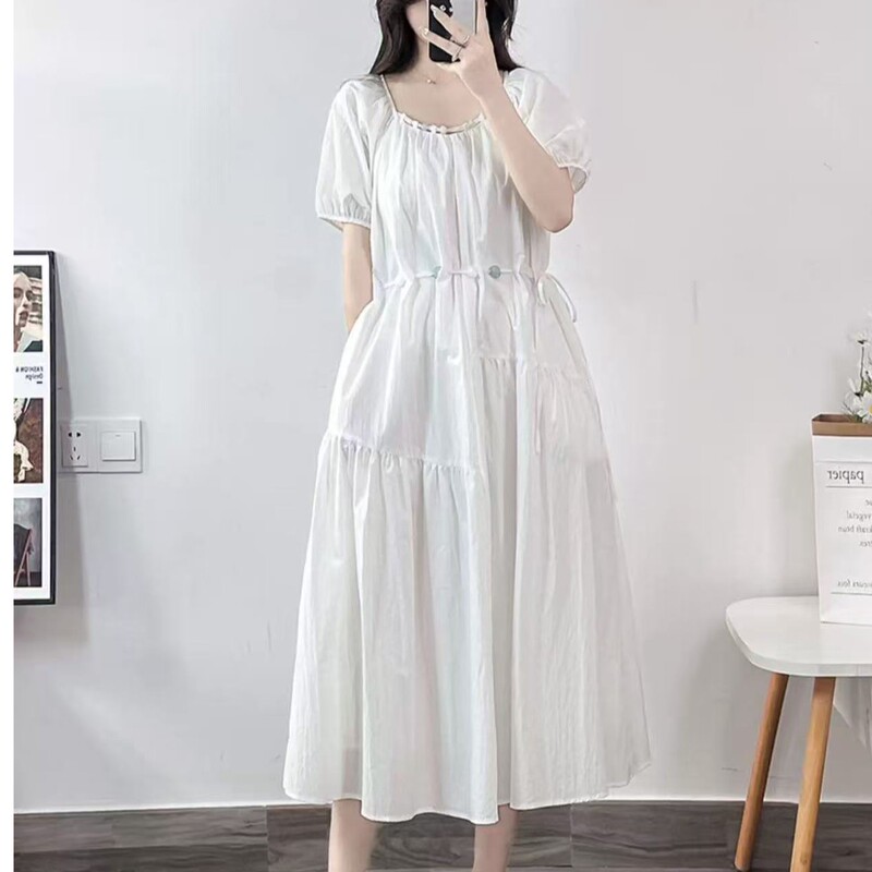 8202 Summer New Fashion Simple Design Beaded Puff Sleeve Waist-Cinching Long Dress Pml