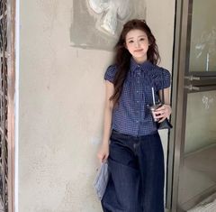 复古格纹POLO领娃娃衫女泡泡袖夏季2025宽松修身小衫通勤百搭上衣