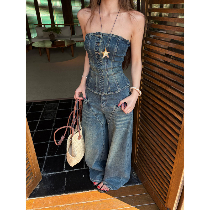 Denim Tube Top Hot Girl Slim Fit Short Wrap Top Women's Loose Low-Waist Wide-Leg Long Pants Jeans Two-Piece Set Trendy Denim Tube Top Hot Girl Slim Fit Short Wrap Top Women's Loose Low-Waist Wide-Leg Long Pants Jeans Two-Piece Set Trendy