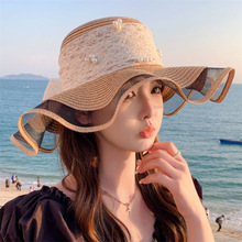 韩版夏天新款帽子女飘带透气草帽旅游出行防晒遮阳帽大沿太阳帽潮