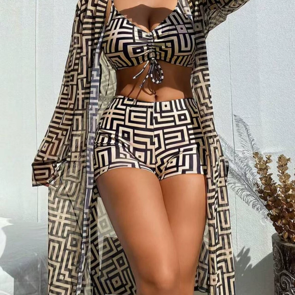 2025 европейский и американский купальник внешней торговли Amazon купальник женский новый сплит плоский угол с высокой талией сплит бикини из трех частей