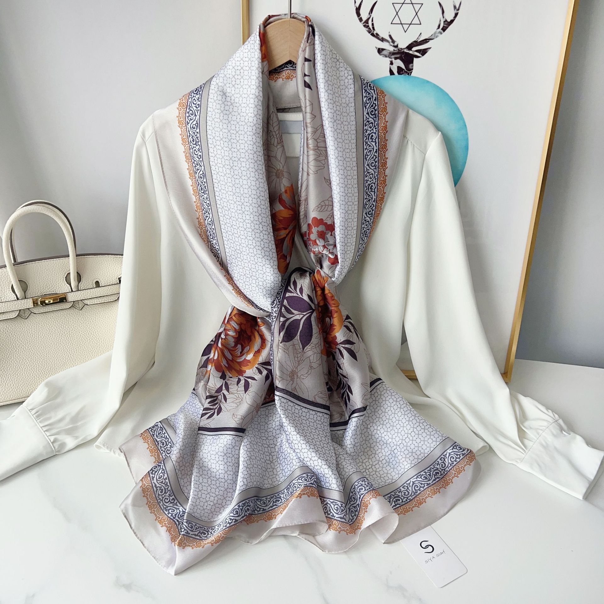 Seda artificial impresa larga bufanda mujer verano fino protector solar chal moda mamá viajes fotografía bufanda