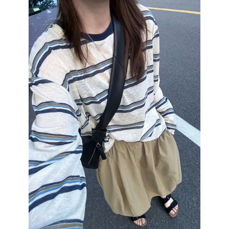 春秋chic韩版复古条纹撞色薄款长袖T恤女宽松慵懒夏日防晒衫上衣|undefined