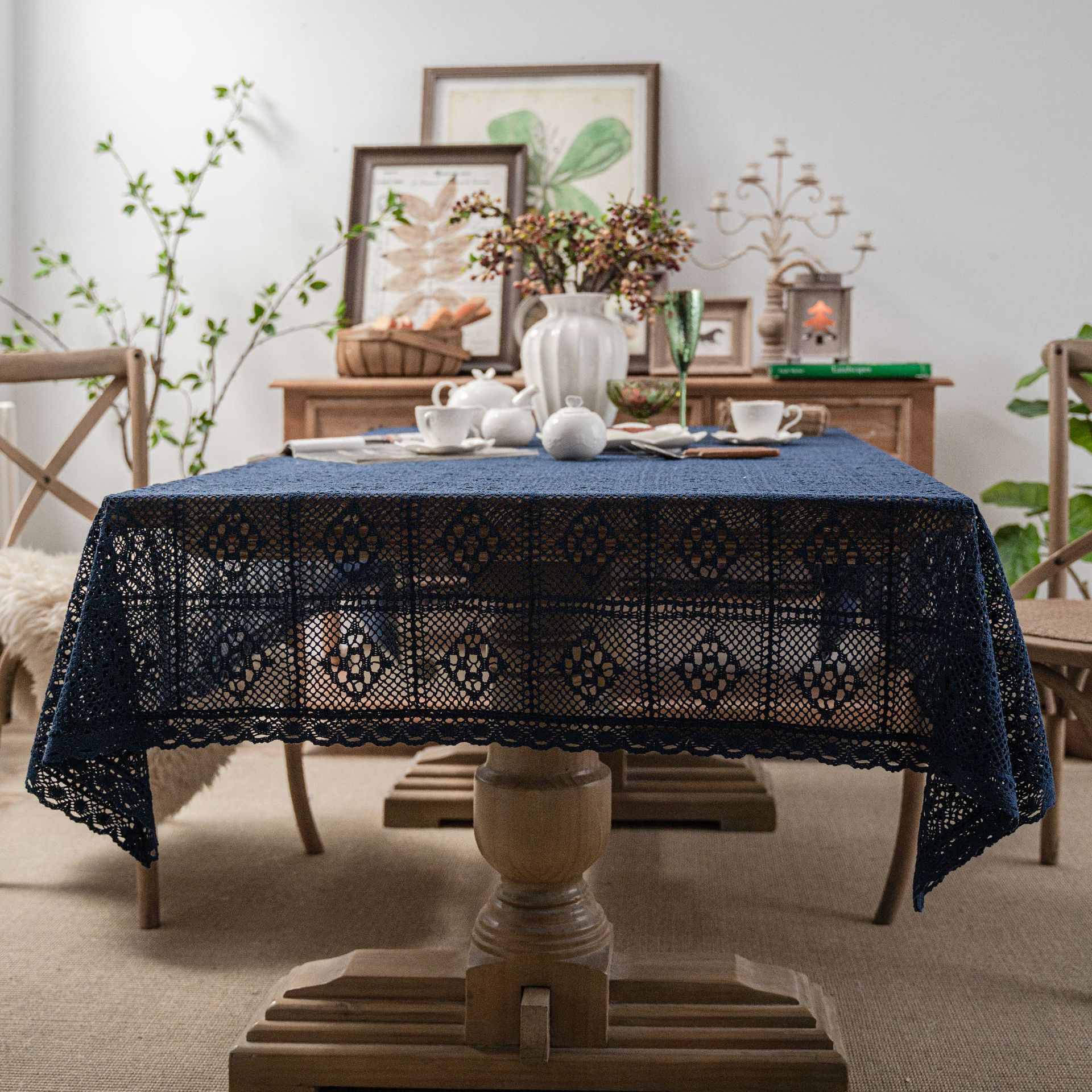 伊缦琪韵藏蓝复古美式钩针圆桌布针织镂空文艺茶几盖布拍摄背景布