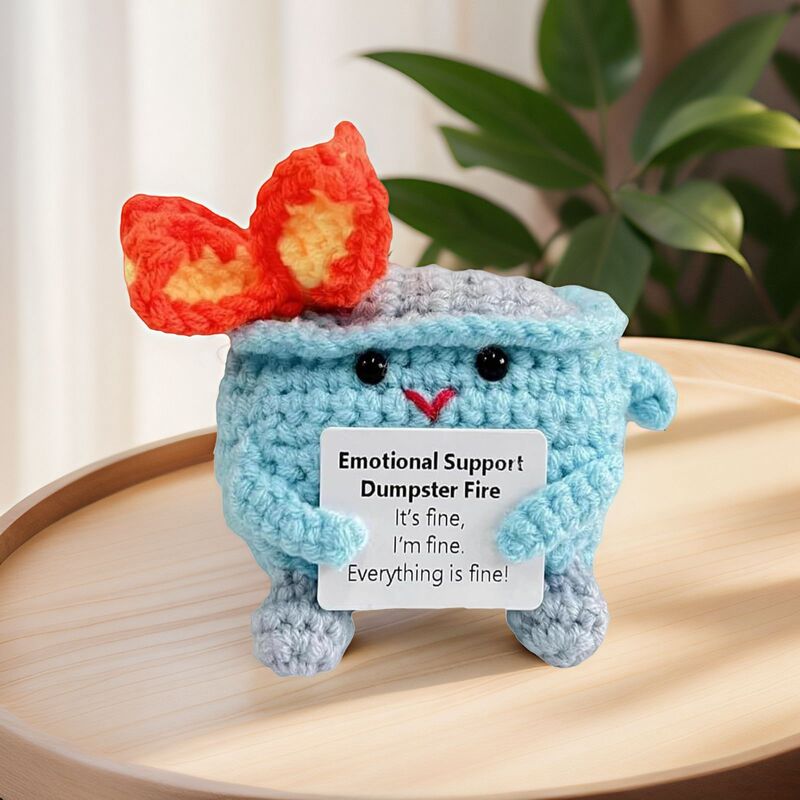 Cross-Border New Product Fire Extinguisher Trash Can Funny Positive Energy Mini Wool Handmade Crocheted Doll Card