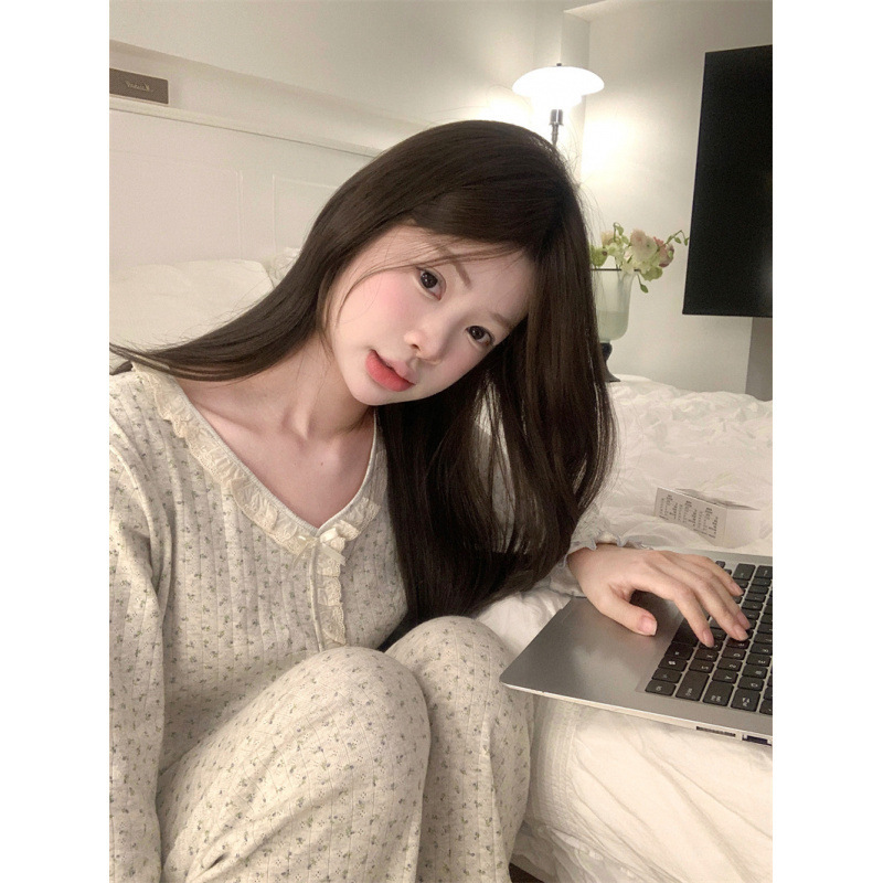 韩国ins女士春秋新品韩系甜美小碎花花边V领卷边家居服睡衣套装女|undefined