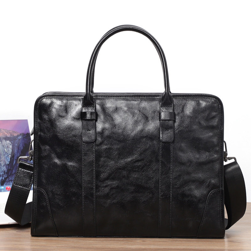 Túi xách tay nam da bò thật công sở đựng laptop 14 inch, 38×8×28 cm — Màu Đen thuộc da bình thường bên trong màu đen, Lớp lót flannel cao cấp, Lớp lót nỉ flannel cao cấp cầm tay màu đen