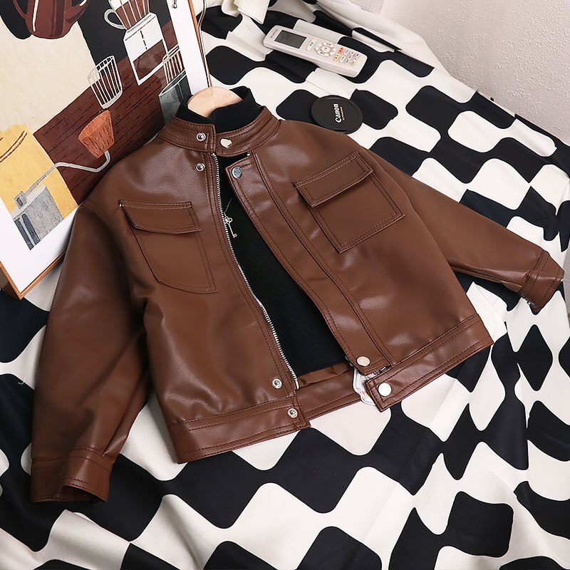 Boys and Girls Leather Jacket Coffee Color Coat for Older Children Spring and Autumn Stylish Baby Boy Children's Leather Jacket Soft Leather Handsome Trendy Boys and Girls Leather Jacket Coffee Color Coat for Older Children Spring and Autumn Stylish Baby Boy Children's Leather Jacket Soft Leather Handsome Trendy