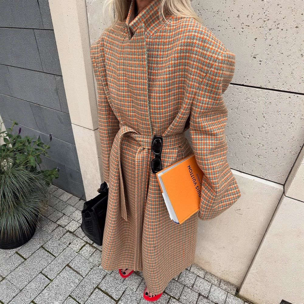 Casual Style Warm Fashion Plaid Woolen Lace-Up Coat Jacket 2025 Autumn and Winter New Cross-Border European and American Style