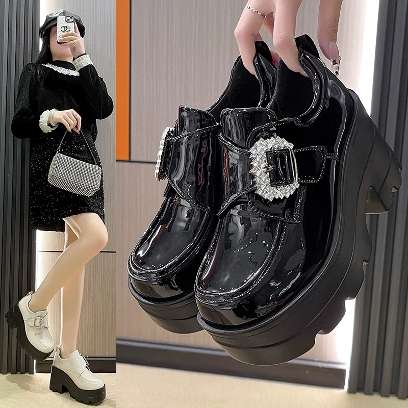 2025 весна JK маленькие кожаные туфли женские стразы толстые подошвы сосновые туфли