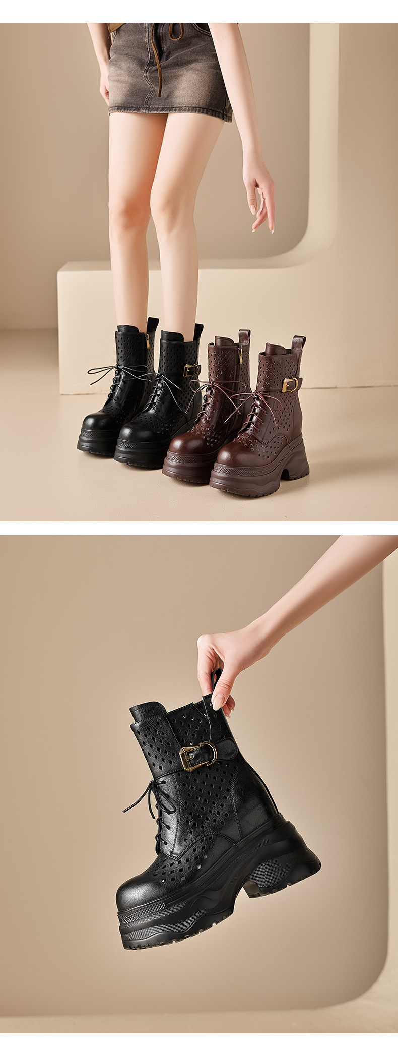 Boot nữ cổ cao ôm bắp chân đế platform gót 12 cm, phong cách hầm hố — màu nâu, màu đen chi tiết 5