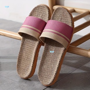 Women's Linen Slippers Pink Beige Striped Fabric������Ь
