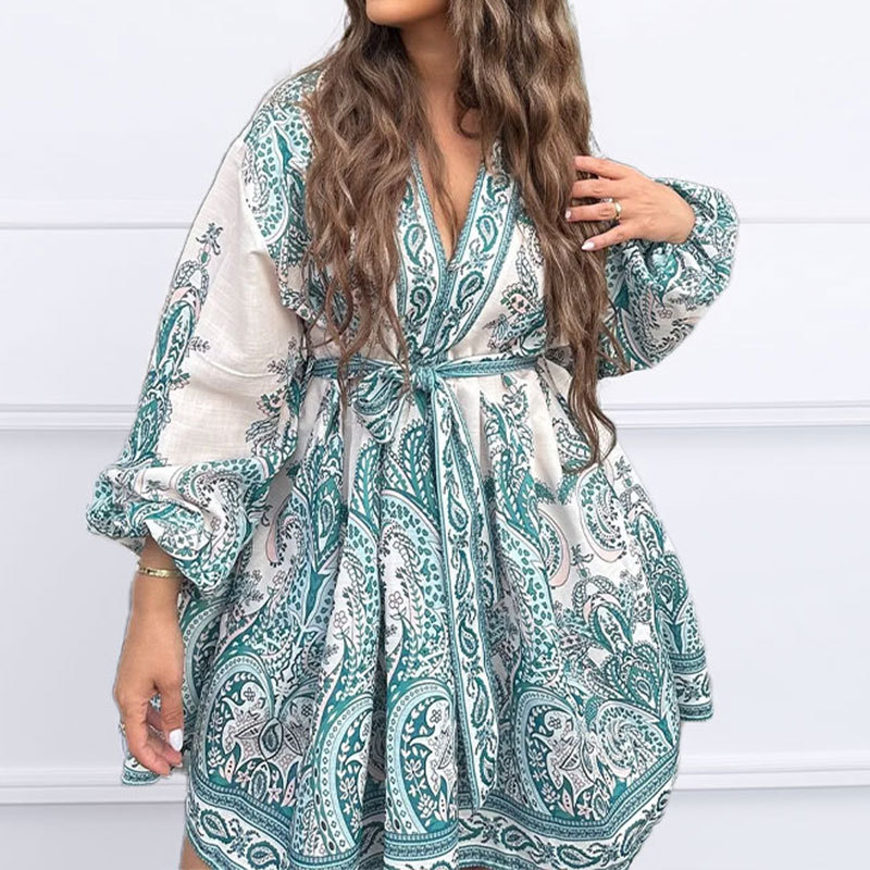 Women Clothing Elegant Fashionable V neck Printed Puff Sleeve Dress