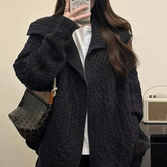 韩系翻领麻花毛衣外套2025 秋冬新款宽松慵懒高级针织开衫加
