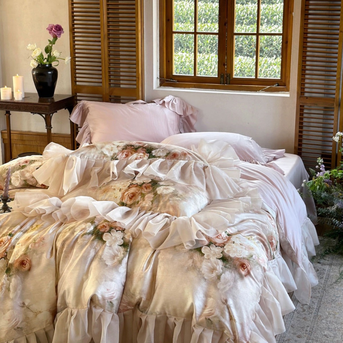Nordic French Vintage Boho French-style Romantic Floral Lyocell Cotton Four-piece Set, Spring-summer Cool Vintage-style Printed Silky Duvet Cover_voghion.com